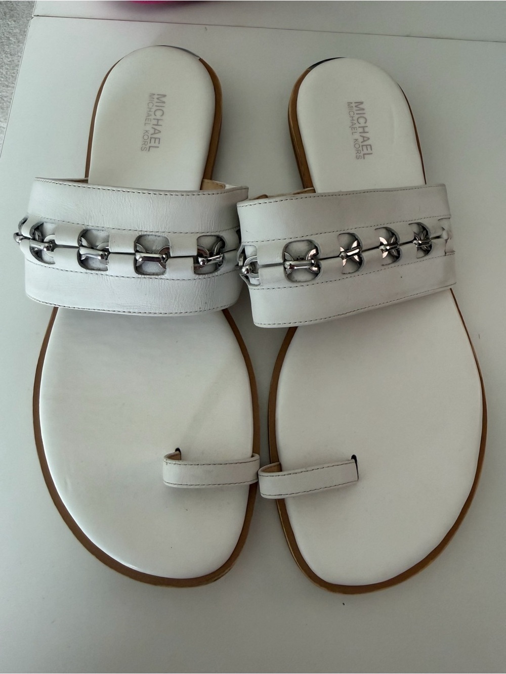 Michael Kors White Leather Slide Sandals with Silver Chain Accent
